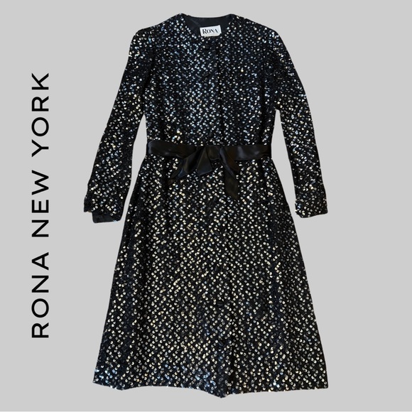 VINTAGE 60’s RONA NEW YORK BLACK SEQUIN EVENING JACKET WITH SATIN BELT, SIZE SM - Picture 1 of 9